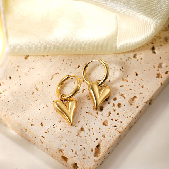 Luxury Heart Pendant Hoop Earrings 18K Gold Plated Stainless Steel - Picture 7 of 11